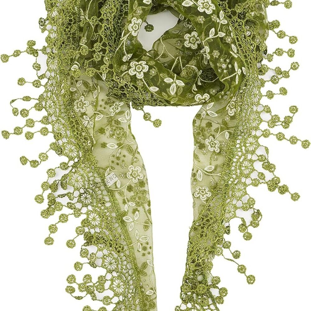 Lace Trim Floral Scarf - Olive Green